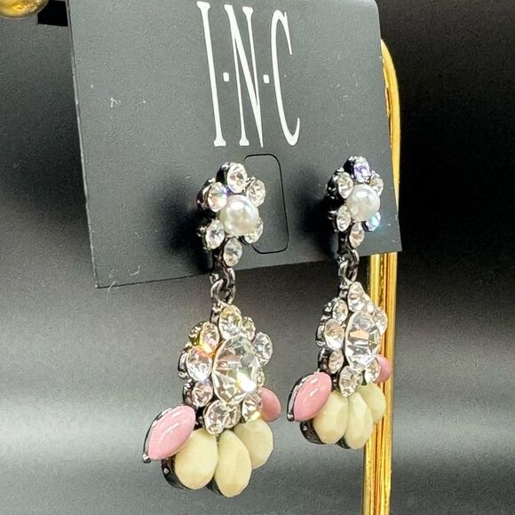 INC Silver Tone Crystal Flower Post Earnings W/ Drop Dangle Crystal Flower - Picture 5 of 8